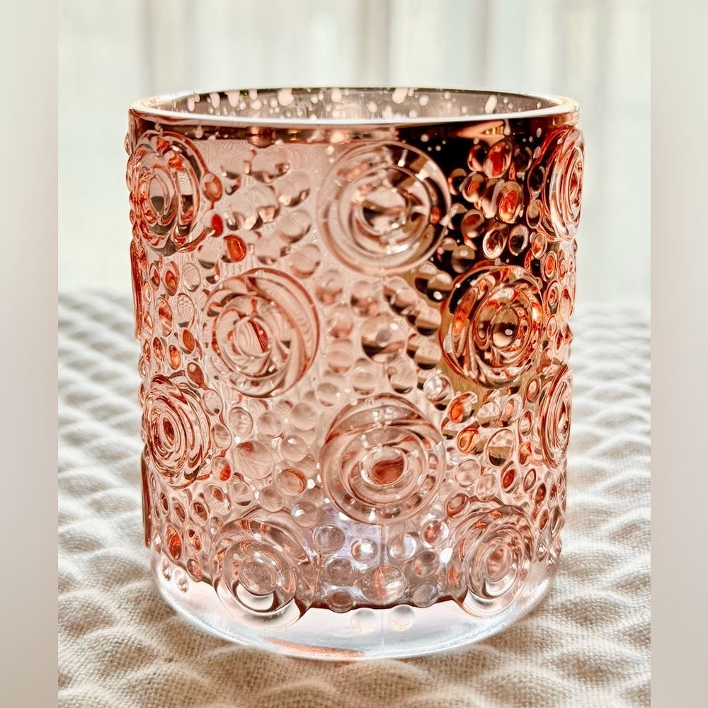 New Rose Gold Mercury Glass Circles & Spheres Pattern Votive Candle Holder 3.25”